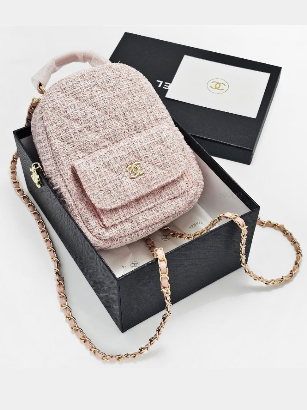 Pink Tweed Mini Backpack with Chain Strap